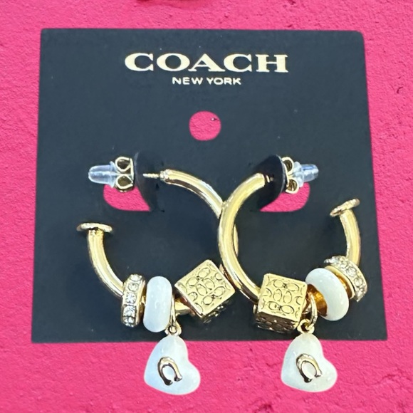 NEW COACH Heart & Dice charm hoop earrings Gold-tone - Picture 2 of 3